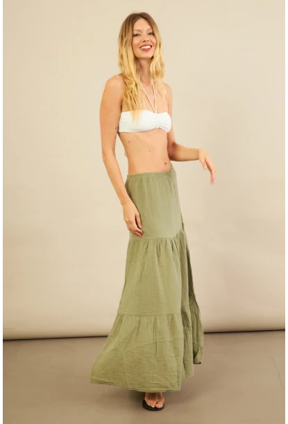 Kadın Çağla Yeşili Yırtmaçlı Müslin Etek ÖM7016