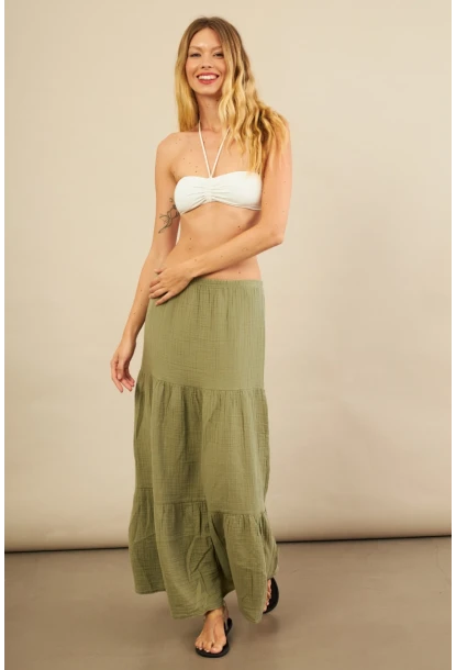 Kadın Çağla Yeşili Yırtmaçlı Müslin Etek ÖM7016