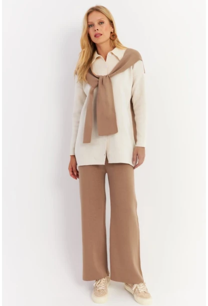 Kadın Camel Atkılı Triko Hırka Alt Üst Takım NUV20