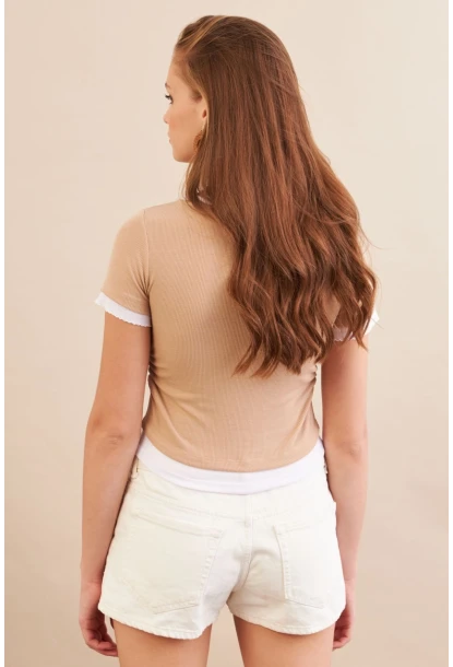 Kadın Camel Büzgülü Beyaz Garnili Bluz MX9465