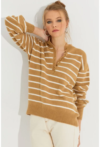 Kadın Camel Çizgili Triko Kazak SMT219