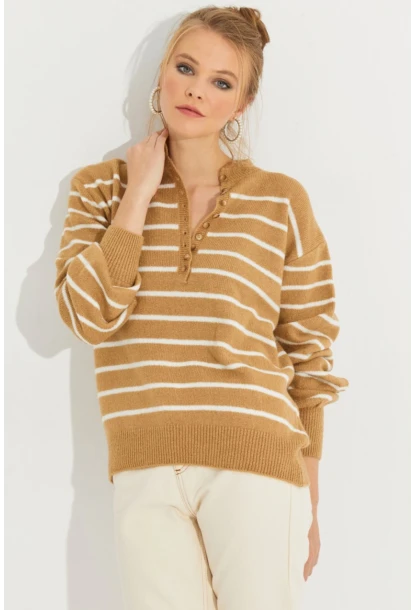 Kadın Camel Çizgili Triko Kazak SMT219