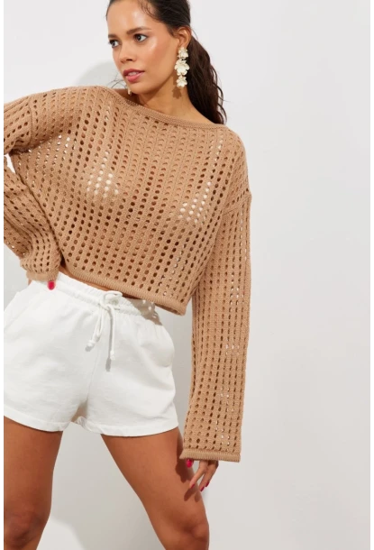 Kadın Camel İspanyol Kol Ajurlu Triko Kısa Bluz SMT181