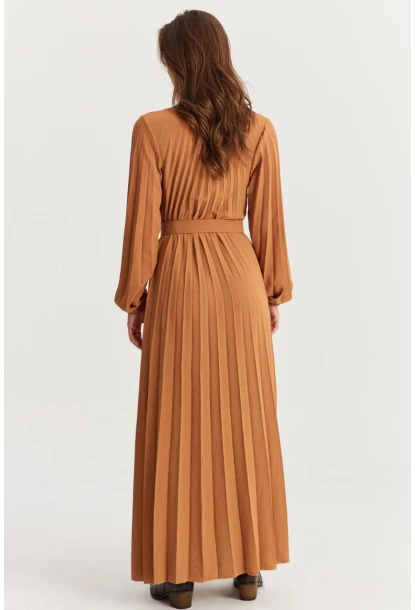 Kadın Camel Kemerli Plili Maxi Elbise ALZ500