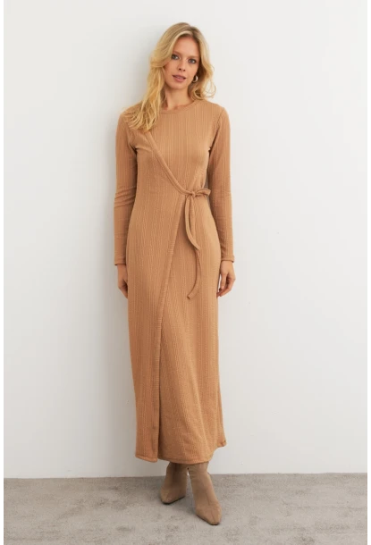 Kadın Camel Kruvaze Maxi Elbise COL31