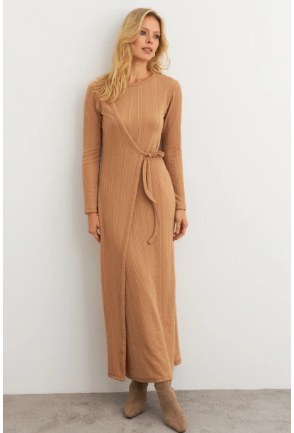 Kadın Camel Kruvaze Maxi Elbise COL31