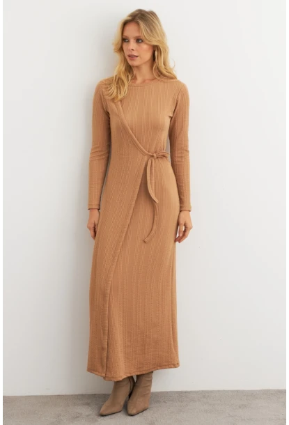 Kadın Camel Kruvaze Maxi Elbise COL31