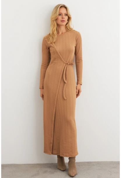 Kadın Camel Kruvaze Maxi Elbise COL31