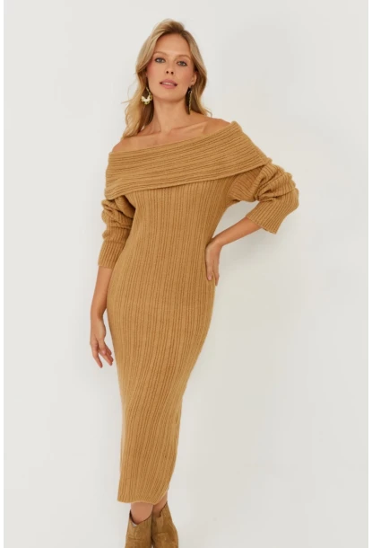 Kadın Camel Madonna Yaka Triko Midi Elbise KZ2503