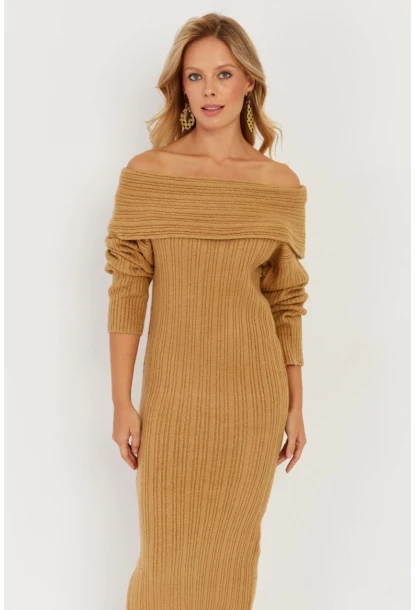 Kadın Camel Madonna Yaka Triko Midi Elbise KZ2503