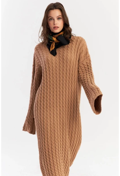 Kadın Camel Saç Örgülü Triko Midi Elbise KZ541
