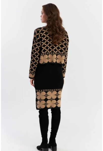 Kadın Camel-Siyah Alt Üst Triko Desenli Takım NUV2028