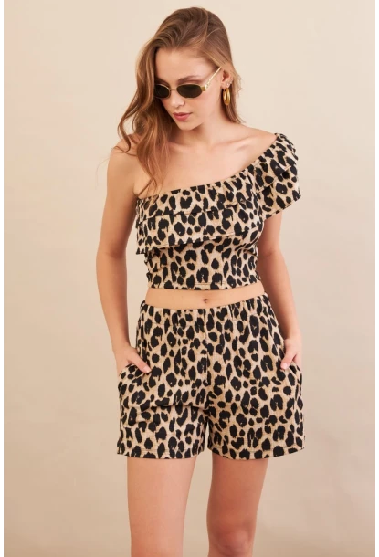 Kadın Camel-Siyah Desenli Crop Şort Takım EV100