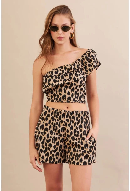 Kadın Camel-Siyah Desenli Crop Şort Takım EV100