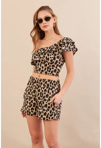 Kadın Camel-Siyah Desenli Crop Şort Takım EV100