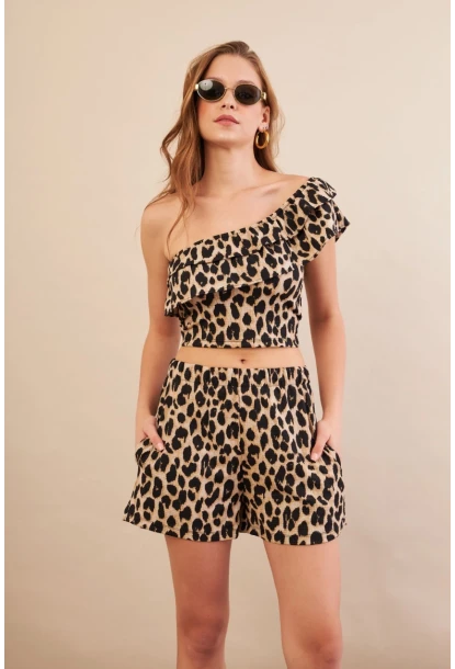 Kadın Camel-Siyah Desenli Crop Şort Takım EV100