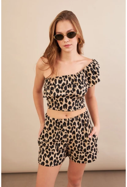 Kadın Camel-Siyah Desenli Crop Şort Takım EV100