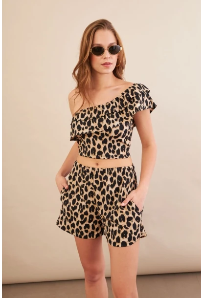 Kadın Camel-Siyah Desenli Crop Şort Takım EV100