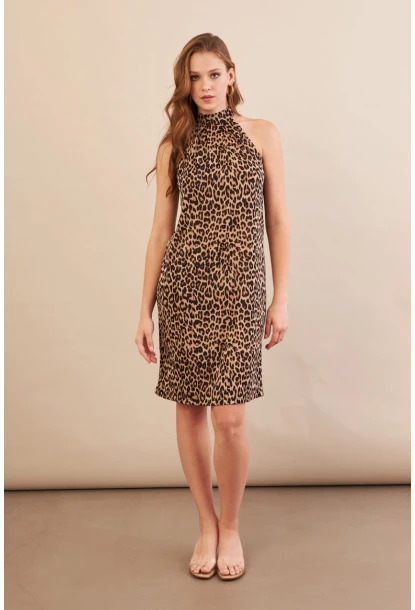 Kadın Camel-Siyah Halter Yaka Leopar Midi Elbise LPP1309