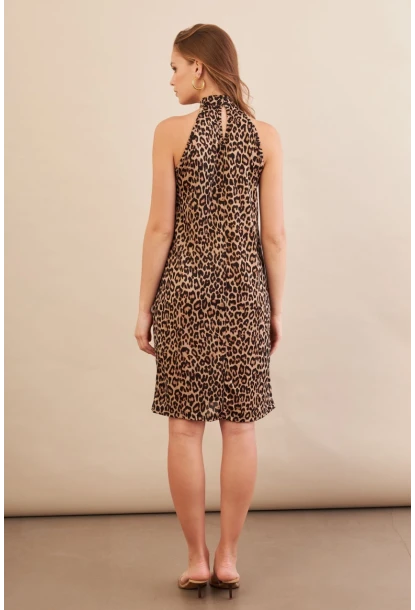 Kadın Camel-Siyah Halter Yaka Leopar Midi Elbise LPP1309