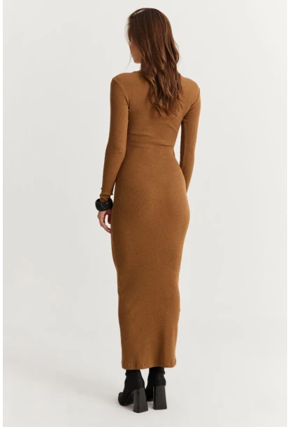 Kadın Camel-Siyah Kurdele Detaylı Kaşkorse Maxi Yılbaşı Elbise XL2043