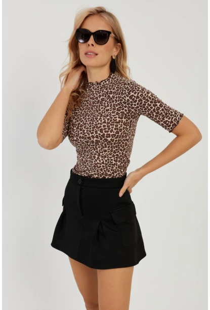 Kadın Camel-Siyah Leopar Desenli Bluz LPP1264