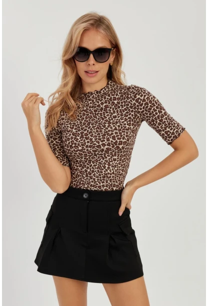 Kadın Camel-Siyah Leopar Desenli Bluz LPP1264
