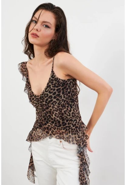 Kadın Camel-Siyah Leopar Desenli Fırfırlı Şifon Bluz FS033