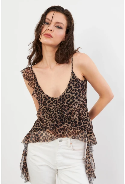 Kadın Camel-Siyah Leopar Desenli Fırfırlı Şifon Bluz FS033