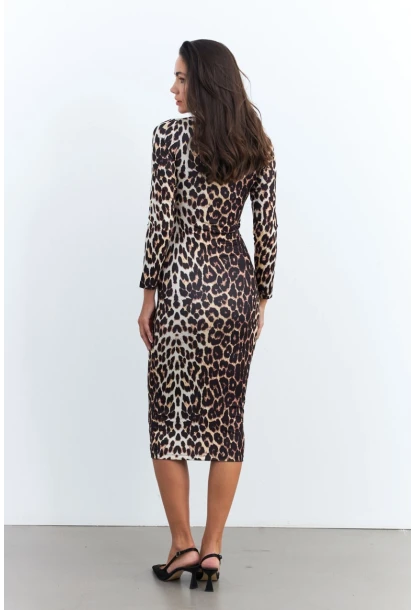 Kadın Camel-Siyah Leopar Midi Elbise RLO78