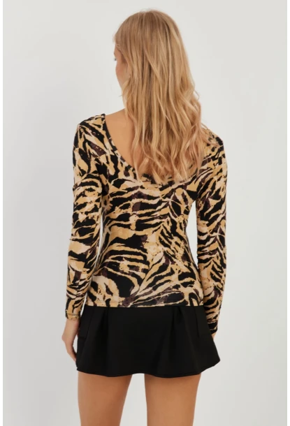 Kadın Camel-Siyah Ön Arka U Zebra Desenli Bluz LPP1266