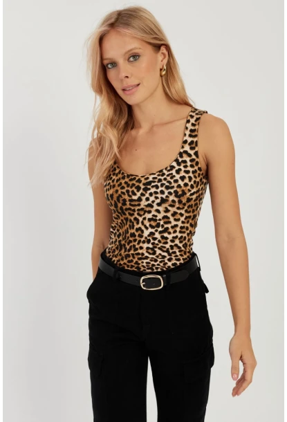 Kadın Camel-Siyah U Yaka Leopar Atlet LPP1257