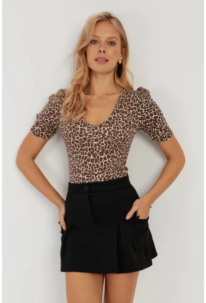 Kadın Camel-Siyah V Yaka Leopar Bluz LPP1263