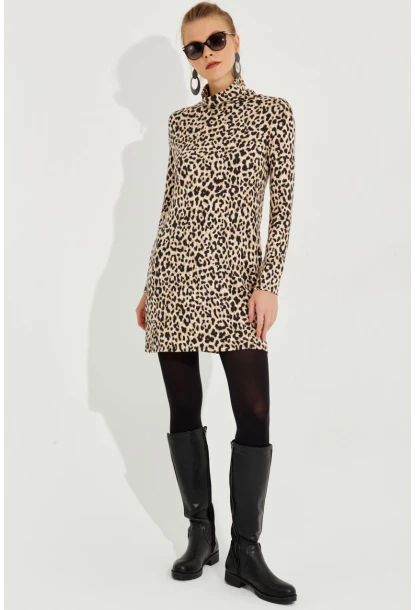 Kadın Camel-Siyah Yumoş Leopar Mini Elbise AYD253