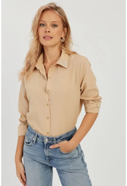 Kadın Camel Taş Detaylı Gömlek ZER402