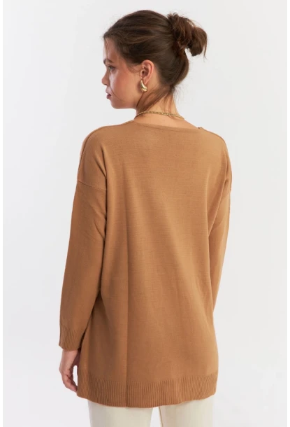 Kadın Camel V Yaka Yalaş Triko Bluz YİL552