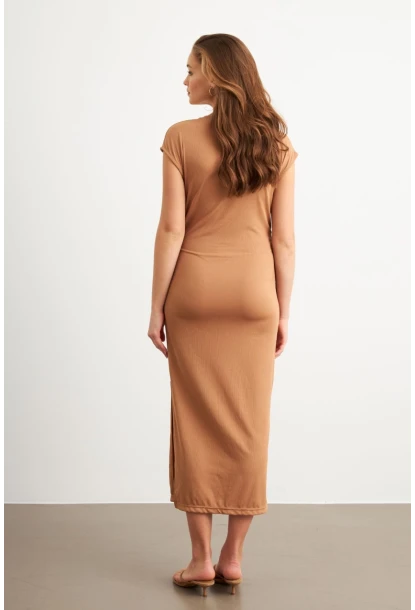 Kadın Camel Yanları Büzgülü Midi Elbise MK35