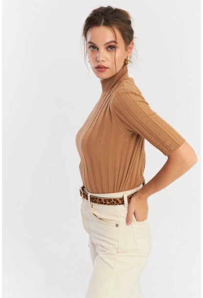 Kadın Camel Yarım Balıkçı Triko Bluz YV287