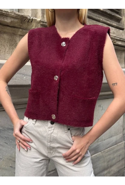Kadın Cep Detay Düğmeli Bordo Yelek