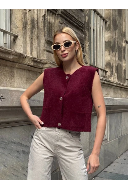 Kadın Cep Detay Düğmeli Bordo Yelek