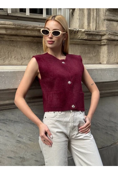 Kadın Cep Detay Düğmeli Bordo Yelek