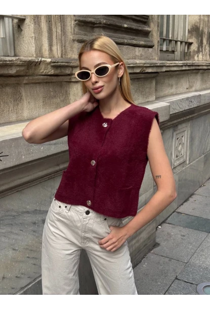 Kadın Cep Detay Düğmeli Bordo Yelek