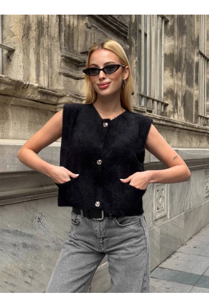 Kadın Cep Detay Düğmeli Siyah Yelek