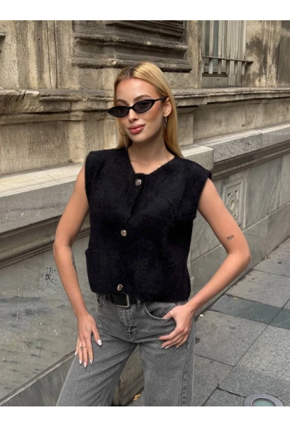 Kadın Cep Detay Düğmeli Siyah Yelek