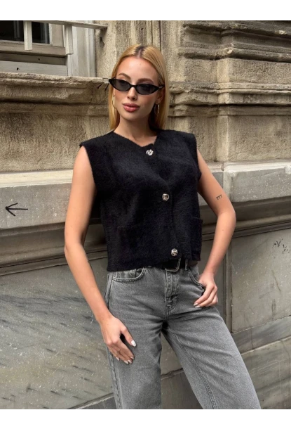 Kadın Cep Detay Düğmeli Siyah Yelek