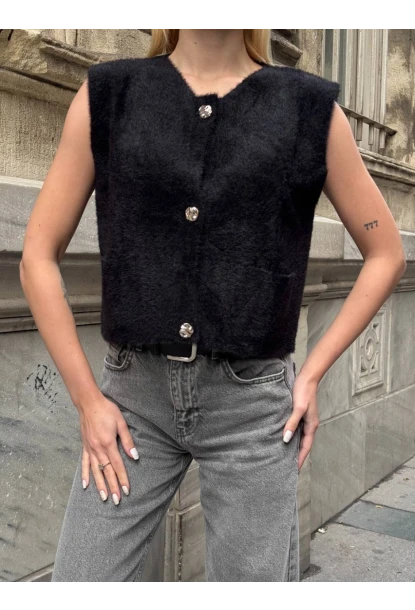 Kadın Cep Detay Düğmeli Siyah Yelek