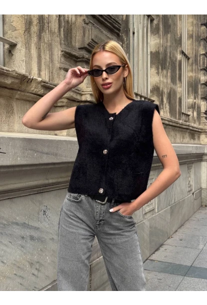 Kadın Cep Detay Düğmeli Siyah Yelek