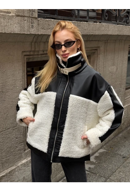 Kadın Deri Garnili Peluş Mont