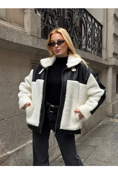 Kadın Deri Garnili Peluş Mont