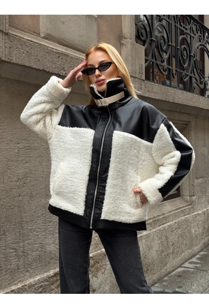Kadın Deri Garnili Peluş Mont